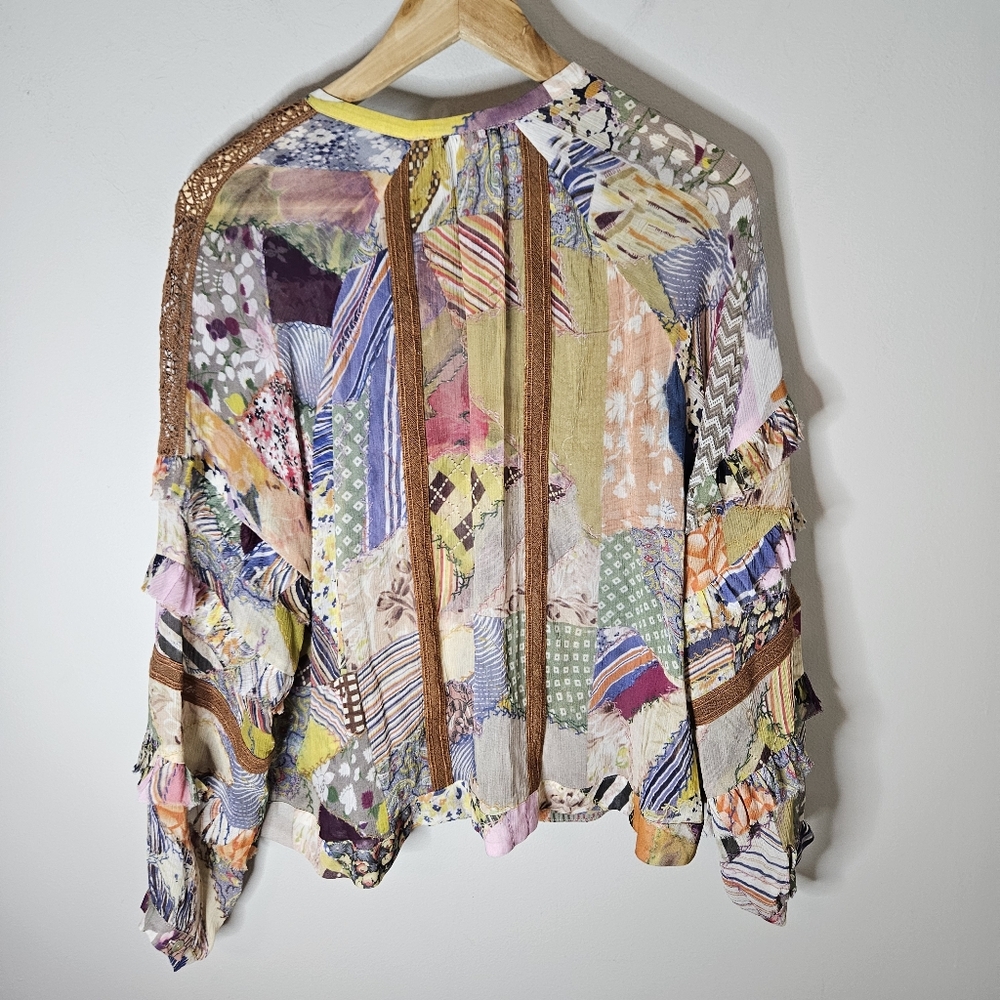 Burning Torch Silk Patchwork Blouse Long Puff Sle… - image 2